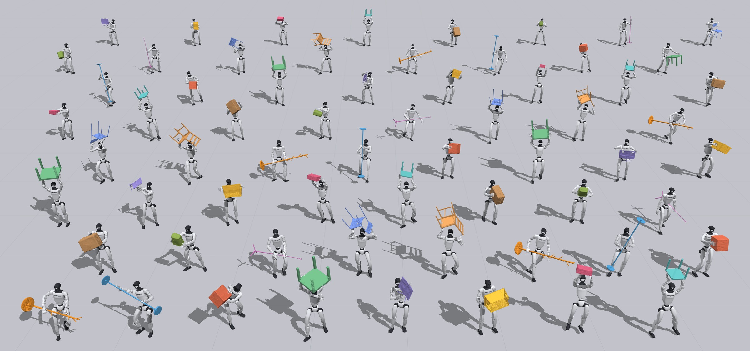 Humanoid robots carrying, lifting and moving a variety of everyday objects, retargeted from human motion capture.
